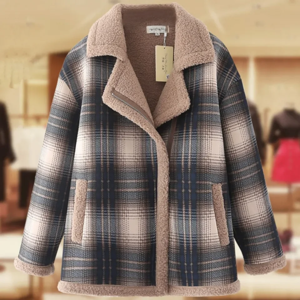 

Double-Sided Granular Velvet Jacket Women's Short Overcoat Autumn Winter New Loose Plus Velvet Warm Plaid Woolen Coat Tops