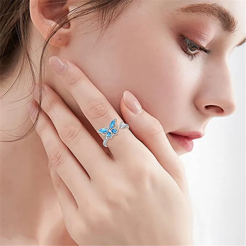 Luxuriöser Schmetterlings-Sonnenblumen-Fidget-Spinner-Ring gegen Angstzustände für Frauen, Kristallblumen-Angst-Fingerringe, Anti-Stress-Hochzeitsschmuck – Detail 3