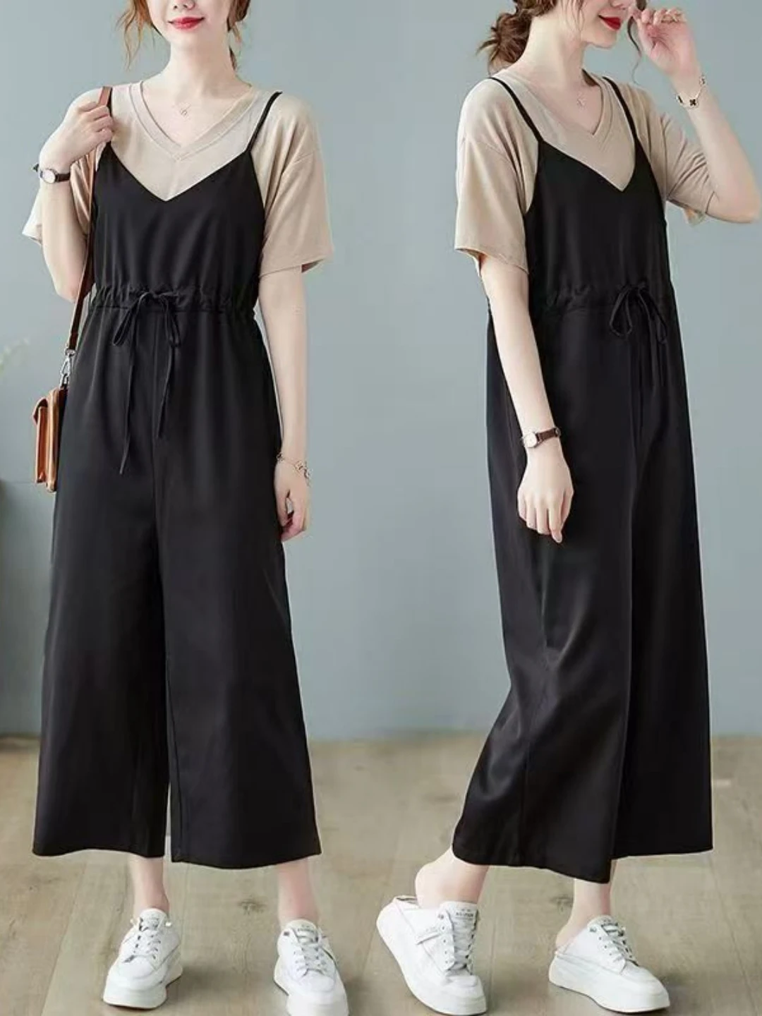 

plus Size Summer Breathable Short Sleeve Onesie Overalls Fashionable Korean Style High Waist Nine Points Pants Two Piece Set