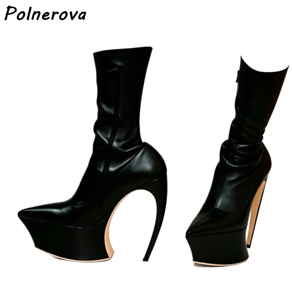 Pointed Toe Platform Ankle Boots Unique Sculptural High Heels Side Zippers Booties Solid Gothic Avant-Garde Sexy Stiletto Shoes