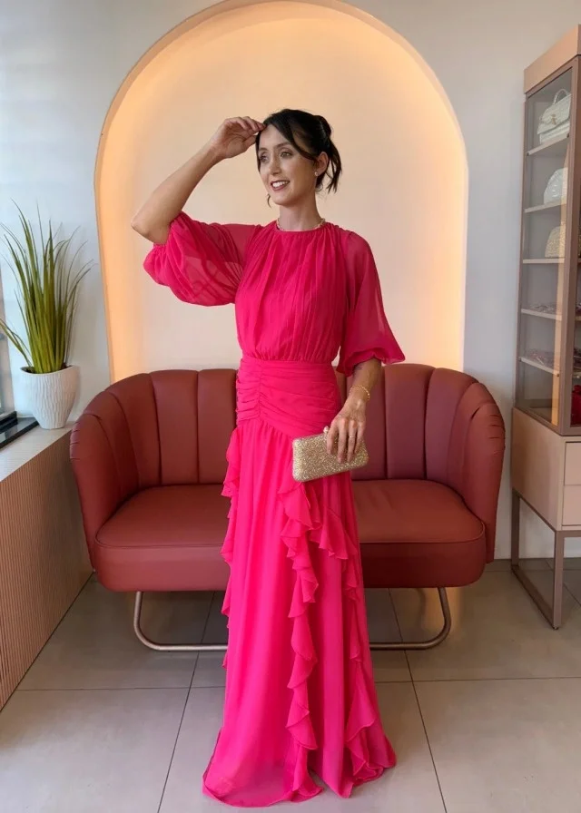 Women Formal Dresses Crew Neck Half Sleeve Chiffon Maxi Gown Ruched Waist Cascading Ruffle Skirt Wedding Party Dresses