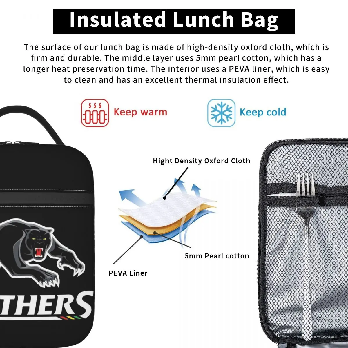 Panthers-Penrit Insulated Lunch Bag for Women Kids Portable Food Boxes Thermal Lunch Box Tote