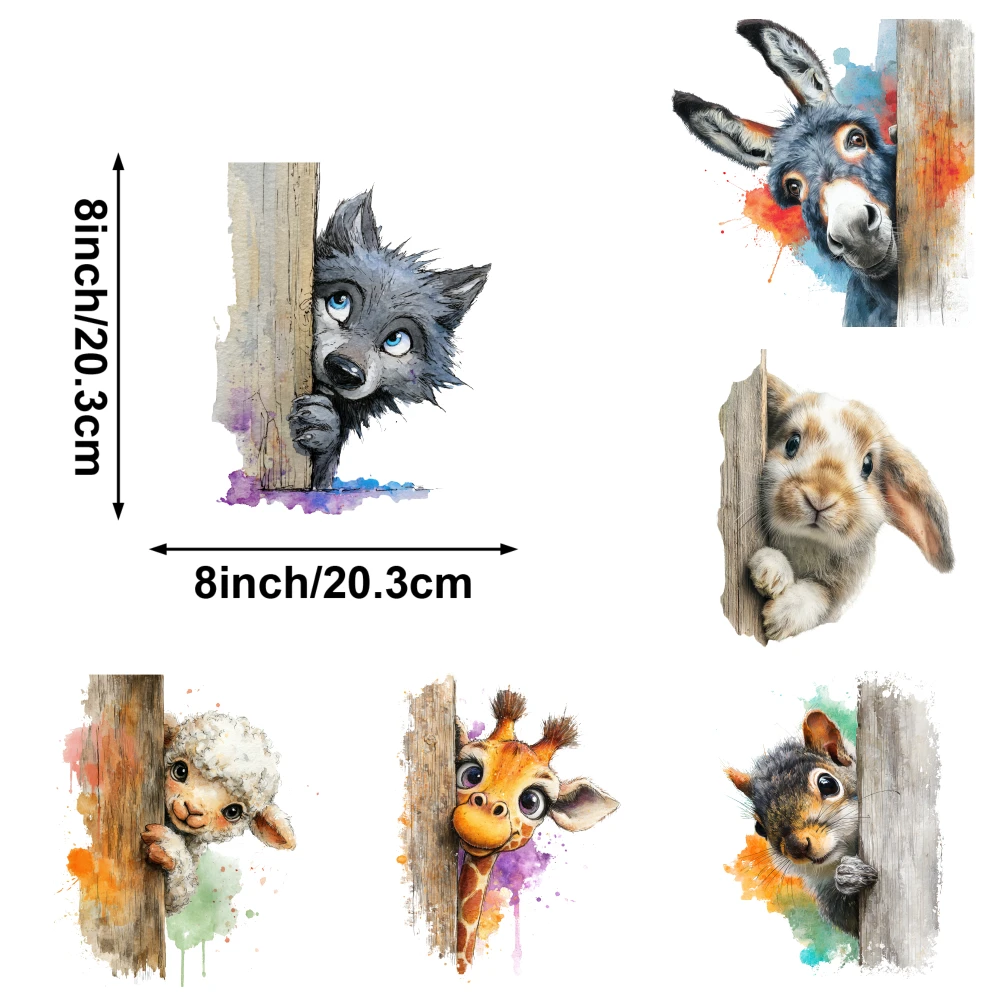 6 Pcs Animal Peek Watercolor Art for clothing, T-shirts, jeans, backpacks, hats, pillows. Hoodie DIY Crafts Easy to heat press