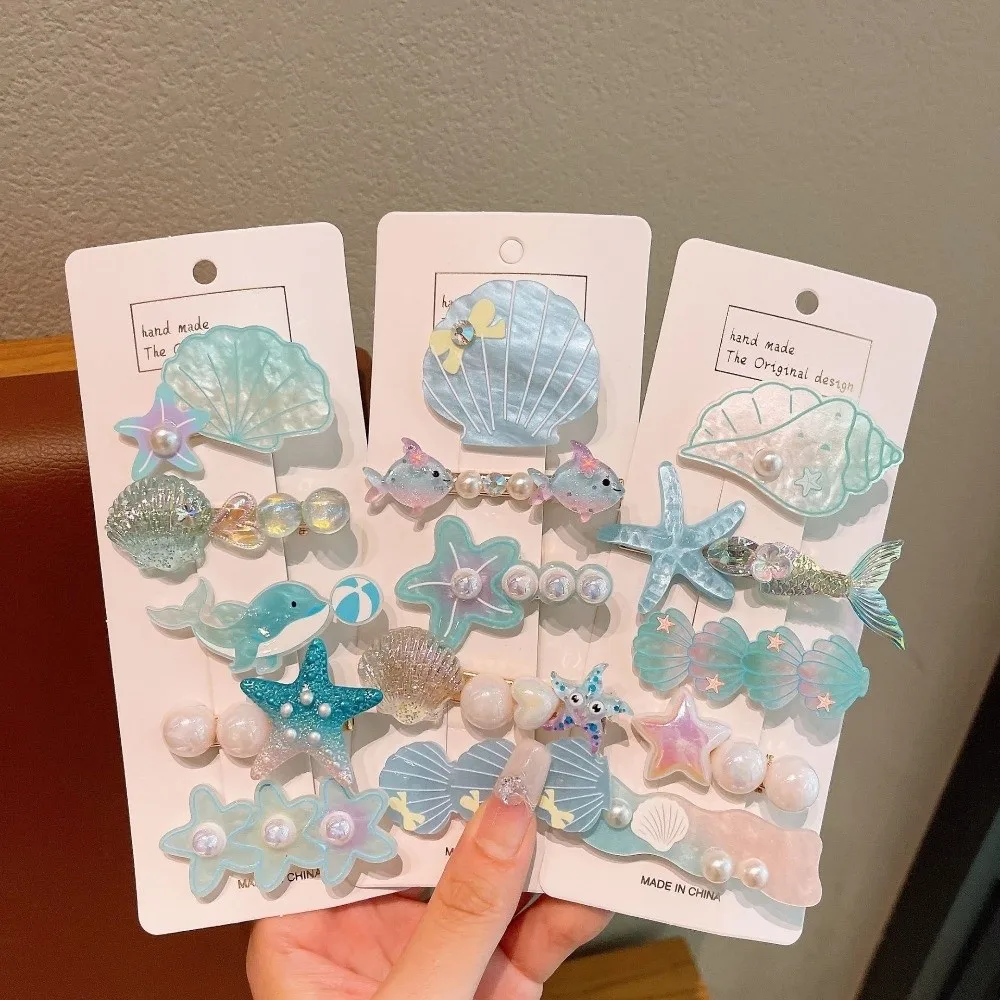 5Pcs/Set New Ocean Series Shell Starfish Hair Clips Set Pink Conch Mermaid Hairpins Side Clip Princess Headdress Beach