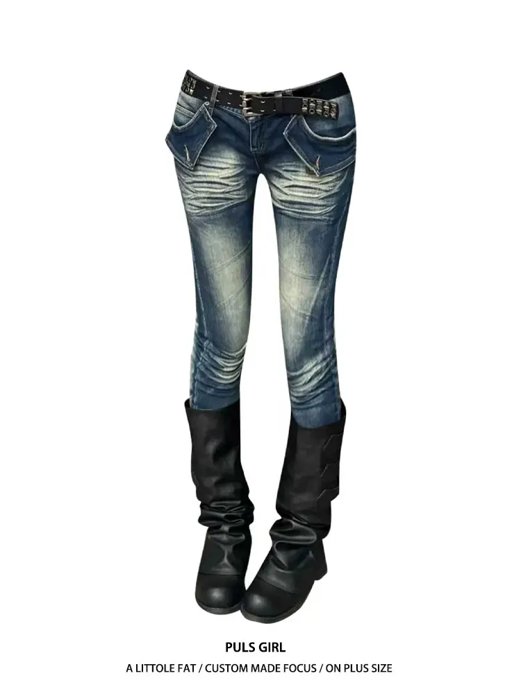 

Retro American Large Size Jeans Women's Slim Fit Bell Bottoms Embroidered Distressed Casual Trousers for Young Ladies