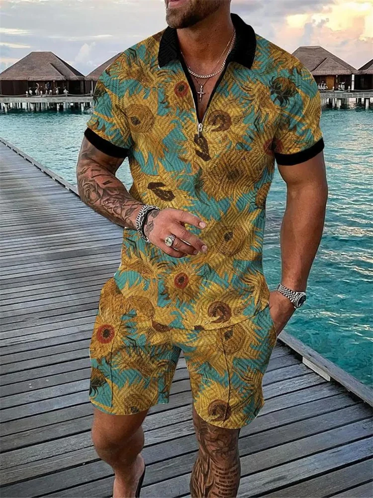 New Men's Fashion Polo Shirt T Shirt Casual Shorts Set Beach Vacation Palm Leaf Print Zipper Lapel Top Large Size Shorts Set