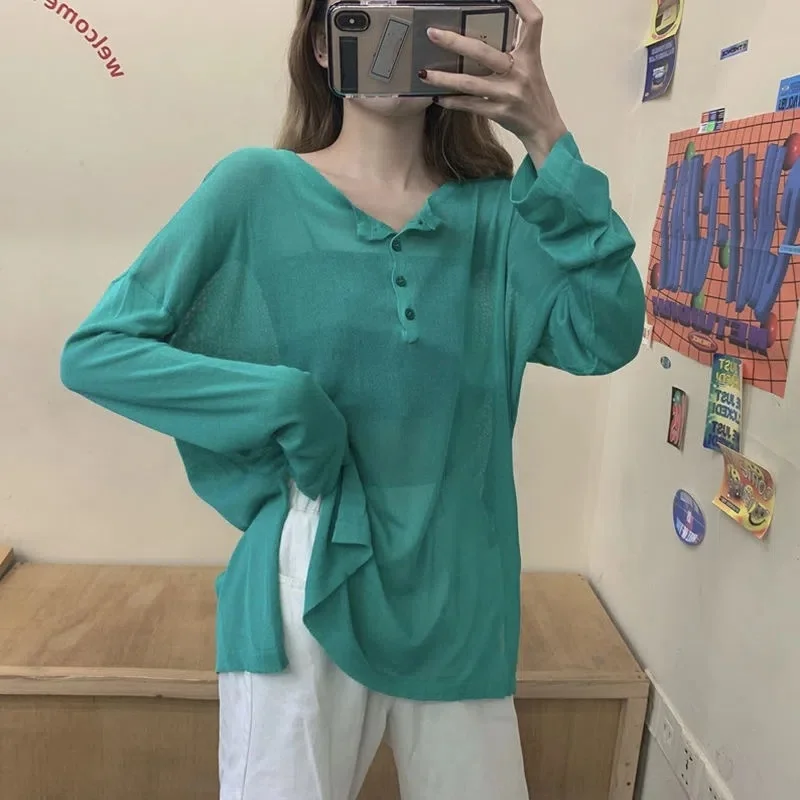 Camisetas de manga larga para mujer, Tops de algodón azul de gran tamaño, cómodos, con cuello redondo, transpirables, Retro, para ir al trabajo diario