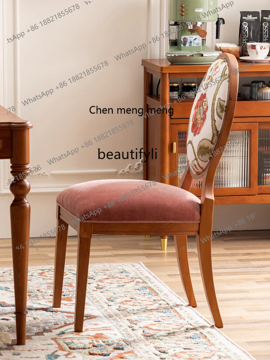 X Retro Design Dining Chair Log Embroidered Cloth Furniture Soft Bag Cherrywood Leisure Fabric Backrest Chair
