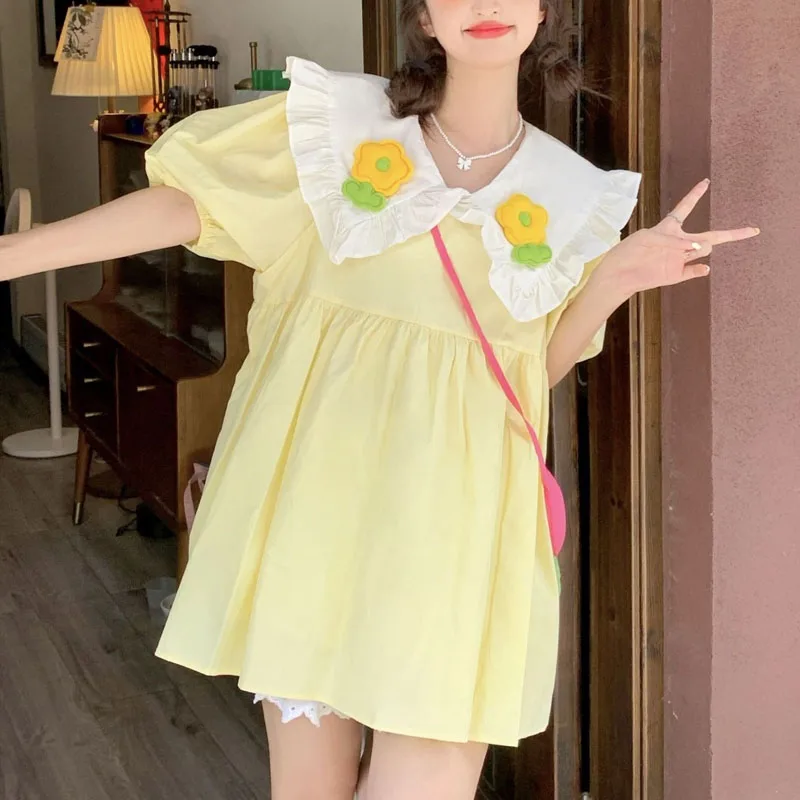 Preppy Style Summer Women Flower Color Collision Doll Collar Loose Puff Sleeve Color Collision Comfortable High Waist Dress