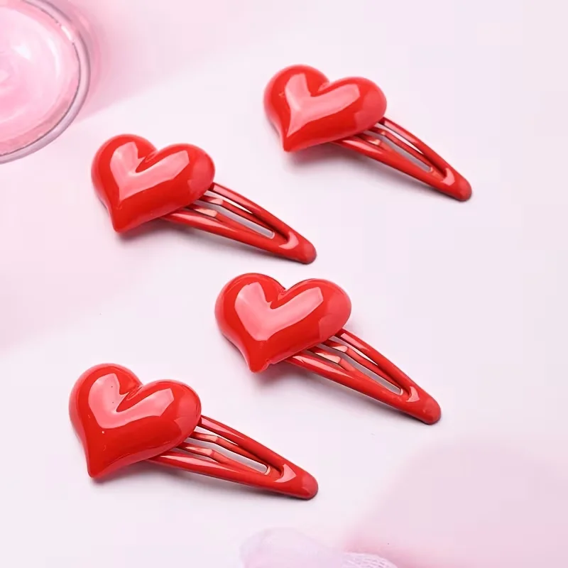 4-teiliges Set Herzförmige Haarspangen aus Kunstharz, Niedliche Y2K-Style Einfarbige BB-Haarklammern für Damen, Valentinstag-Geschenk – Detail 5