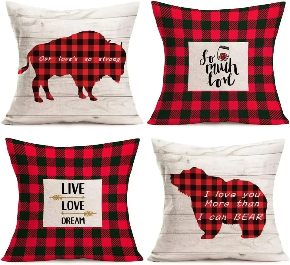 Throw Pillow Cover Red and Black Plaid Sweet Love Home Decorative Pillowcase Farmhouse Sofa Decorative Cushion Cover Pillowcase image 5