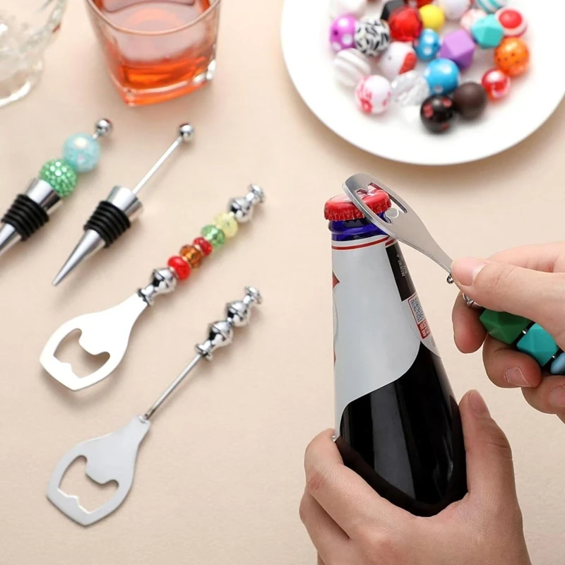 10 Pcs Beadable Wine Stoppers Beer Opener Set, 5Pcs Decorative Wine Stoppers & 5Pcs Alloy Reusable Bottle Opener