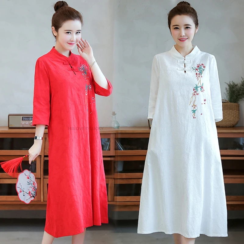 

Китайское платье Cheongsam, женское длинное платье Ципао, современное хлопковое льняное платье Cheongsam, платье Cheongsam с короткими рукавами и вышивкой