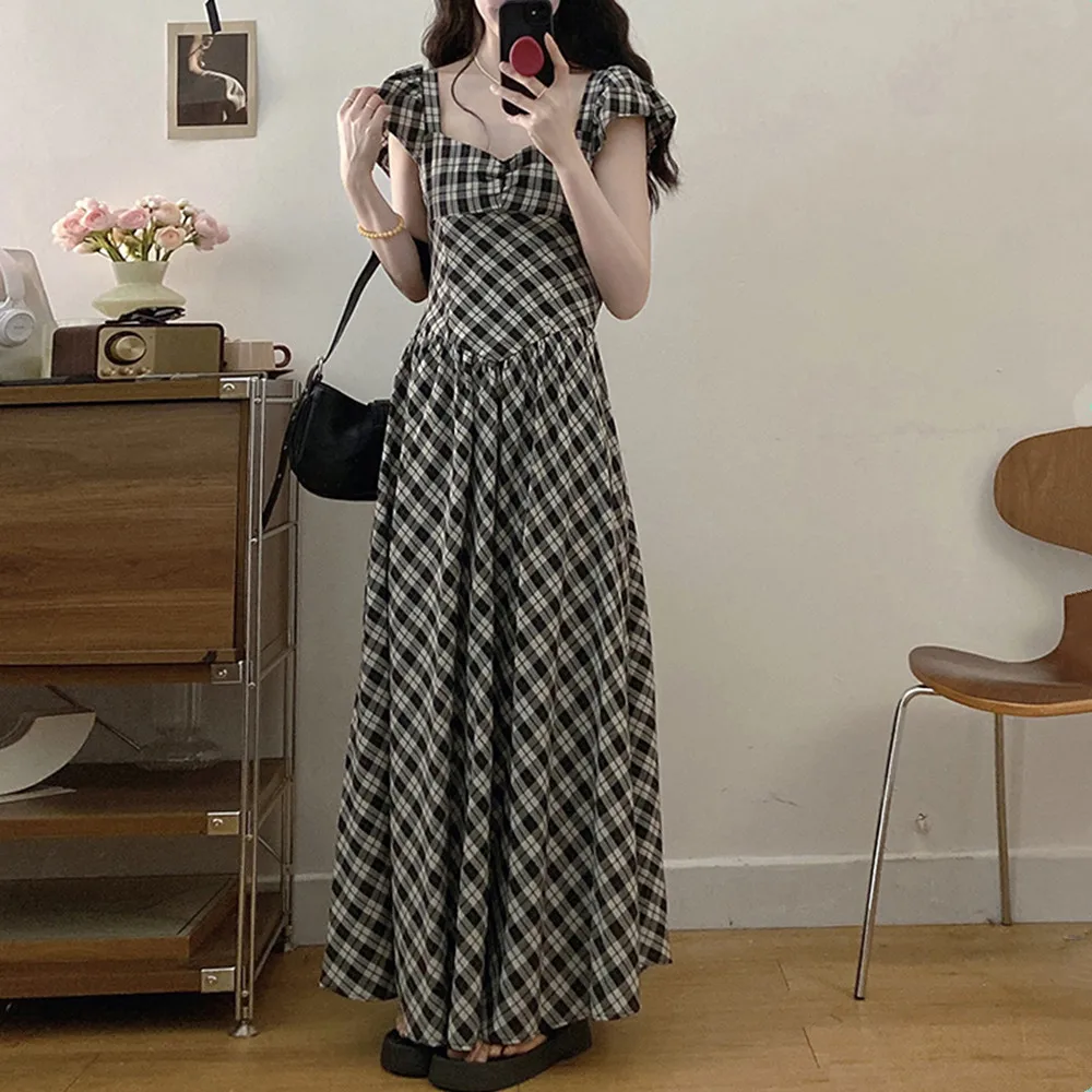 plus Size Hot Girl Bal Plaid Long Dr Summer High Waist Design Ankle Length Vintage Gathered Waistline ort Sve