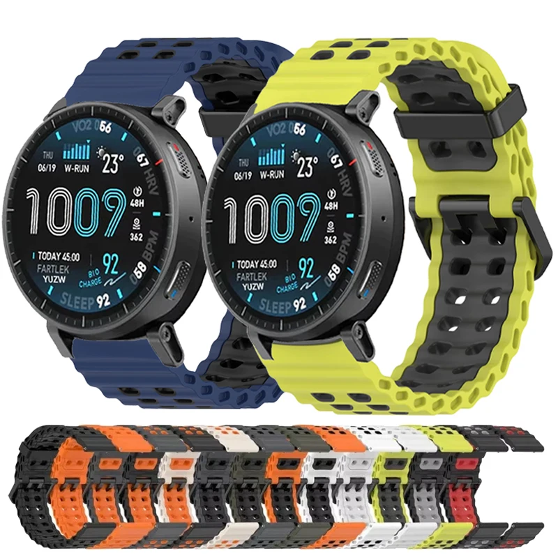 22mm Ocean Silicone Band For Amazfit Active Max/Balance 2/Bip 6 5/GTR 4 3 2 2e/Stratos 3 2/Cheetah Round-Pro/Pace Two-Tone Strap