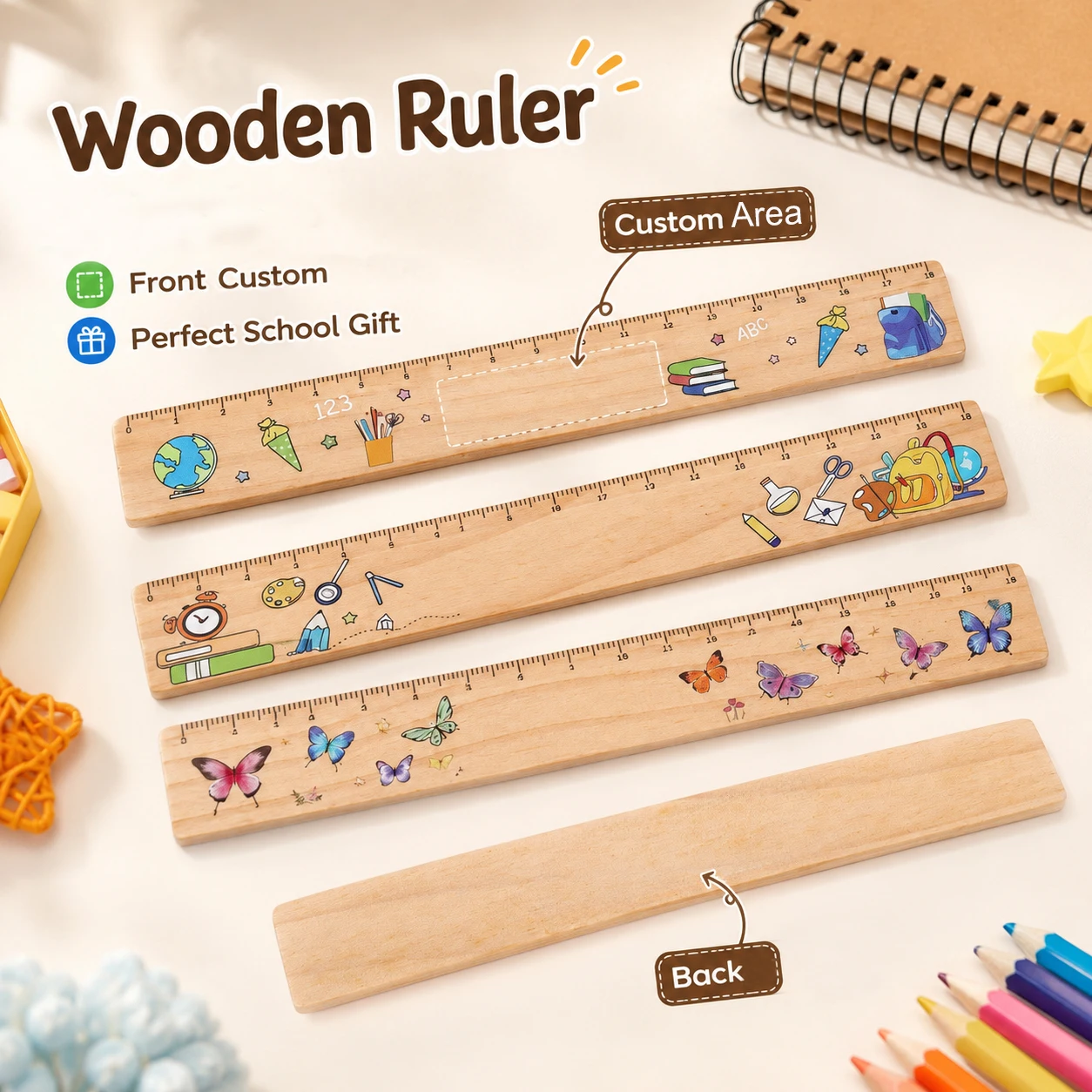 Règle en bois personnalisée de 18 cm avec nom gravé, outil d'apprentissage coloré, cadeau de bureau pour étudiants et enseignants