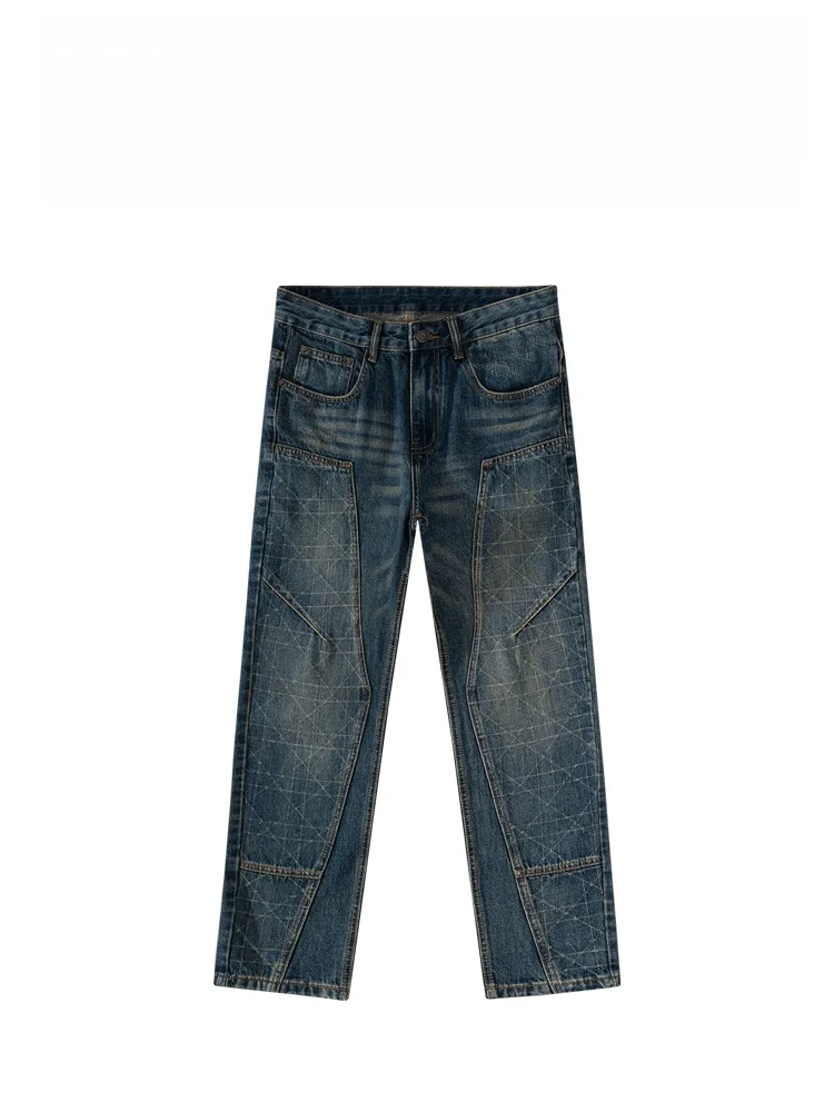 

Модные джинсы с пэчворк-дизайном, роскошные, зауженного кроя, мужские, винтажные, повседневные, прямые, из смесового хлопка и полиэстера, прочные