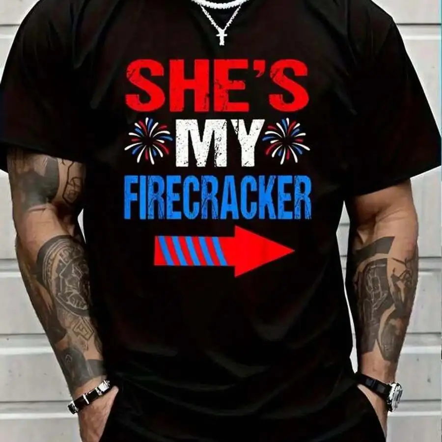 His And Hers 4th July Matching Couples She's My Firecracker Printed T-Shirt, Short-Sleeved Crew Neck Casual Top, Suitable For Al