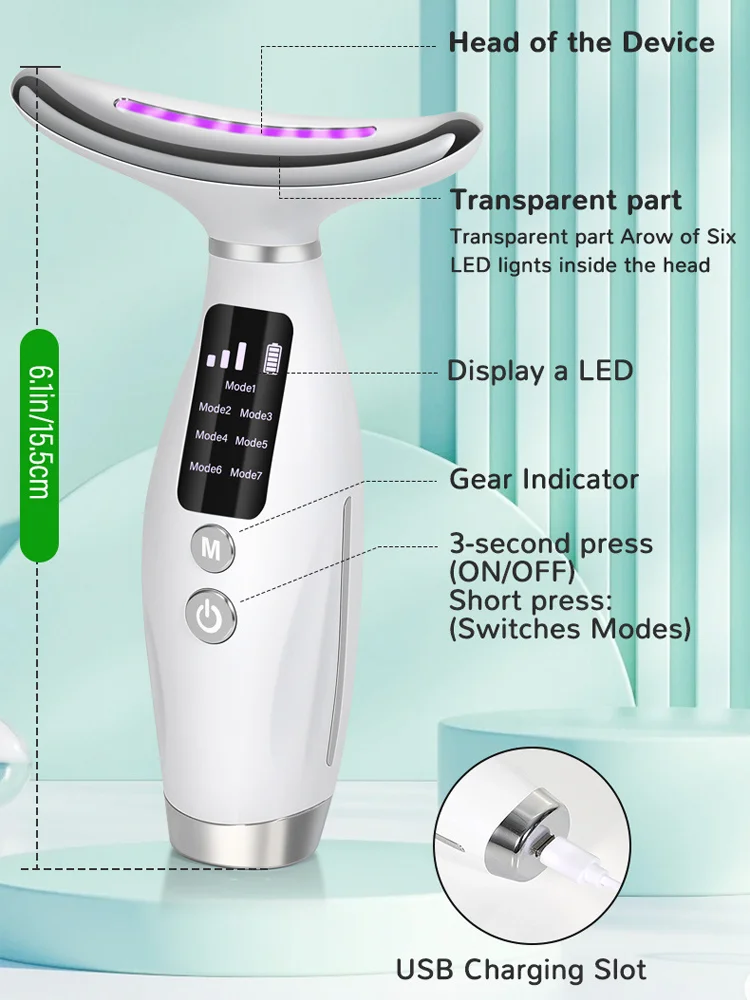 جهاز تجميل الوجه والرقبة مكركرنت 7 ألوان مدلك الوجه تكنولوجيا الاهتزاز يرفع مناطق الرقبة والكتف للوجه