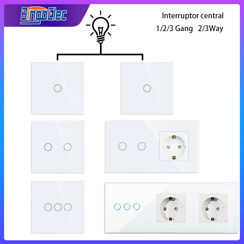 Bingoelec 1 2 3 Gang 2/3way Wall Touch Switch with Socket EU Power Sockets White Glass Panel Light Switch Stair Switches