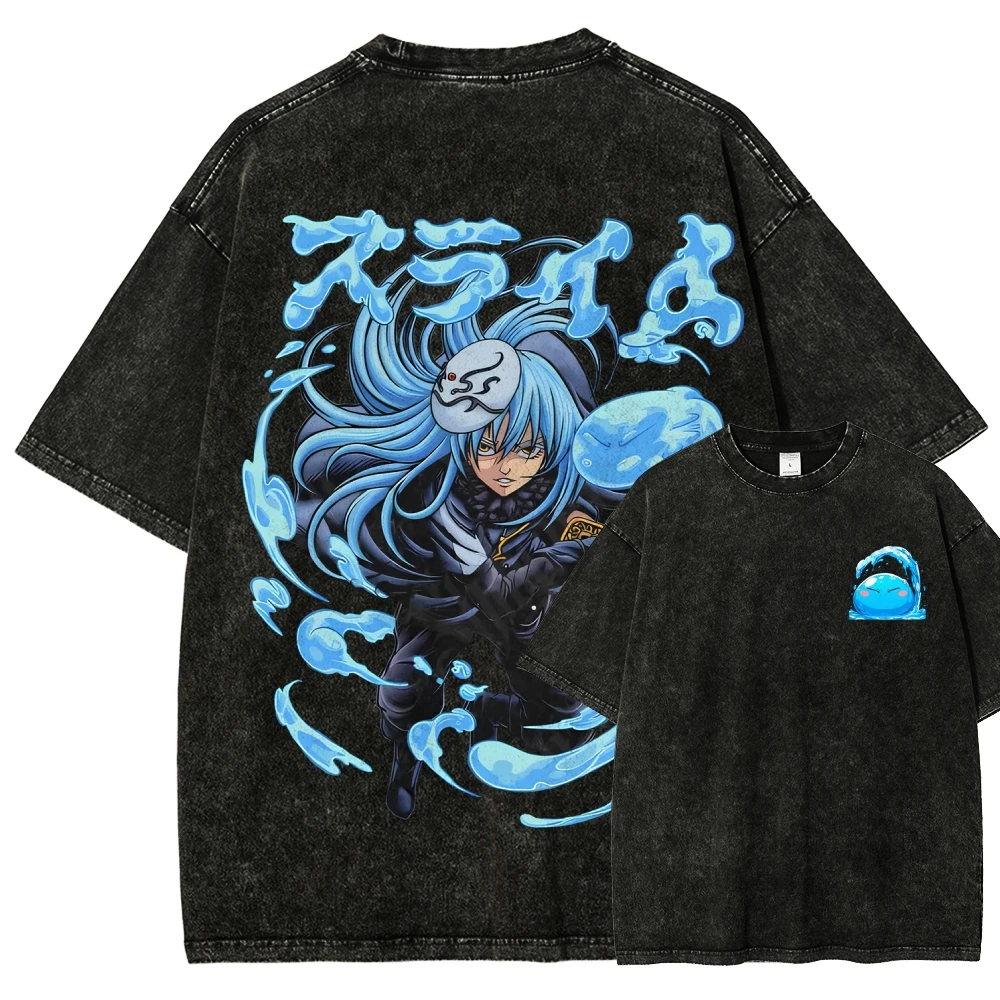 Reincarnated as a Slime Washed T-shirt Oversized Unisex Print   for Men Women Fashion Hip Hop Street Retro Fashion Trendy Cotton