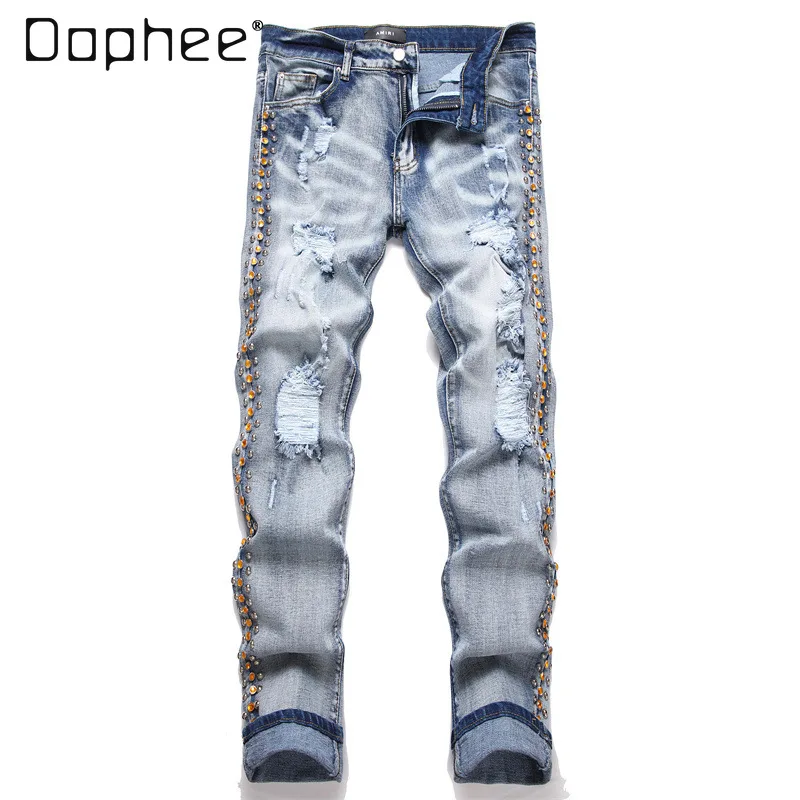 

Washed Blue with Holes Diamond Elastic Men's Jeans Spring Autumn High Street Skinny Pencil Pants Jeans for Men Streetwear Men