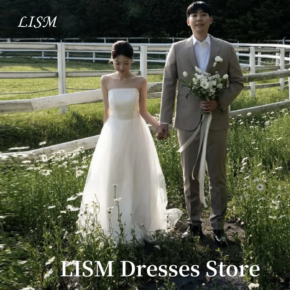 

LISM Strapless A-Line Simple Korea Wedding Dresses Photo Shoot Soft Tulle Elegant Long Bridal Gowns 웨딩드레스 Customized Corsets