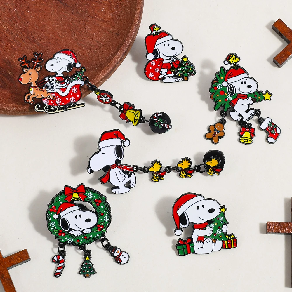 Christmas Enamel Pins Cute Cartoon Dog with Santa Hat Dangle Brooch Lapel Pin for Backpack Clothes Holiday Jewelry Gift