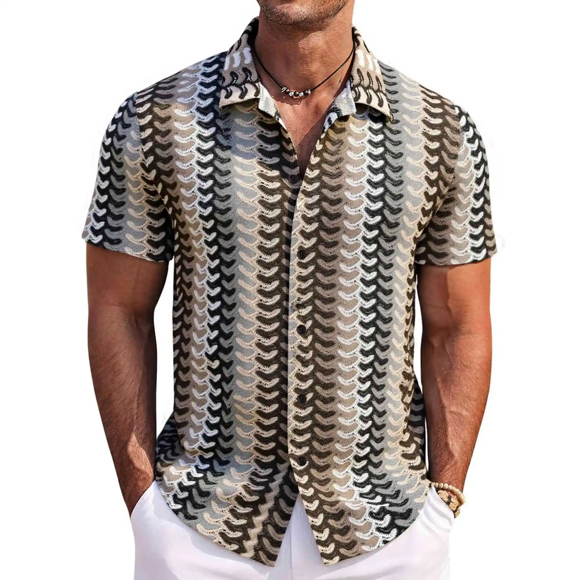Men's Knitted Shirt Summer New Hollow Breathable Short Sleeved Shirt Streetwear Men Clothing