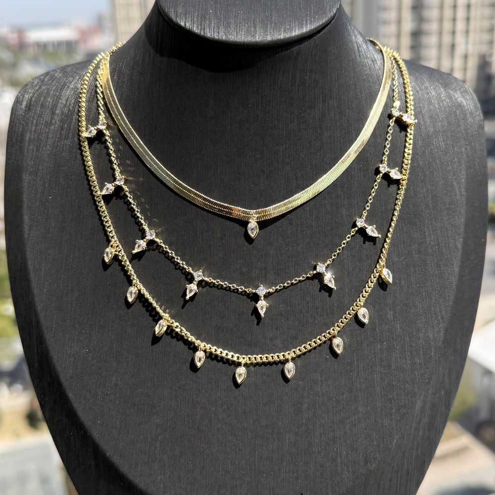 5A Drop Cubic Zirconia CZ Herringbone Necklace for Women Gold Color Chain Choker Geometric Snake Chain Link Fashion Jewelry