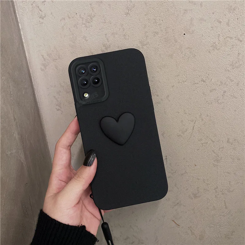 Bonito 3d amor coração silicone caso para samsung galaxy a12 a22 4g 5g a51 a71 a31 a21s a50 cordão alça de pulso capa m53 m32 m52 m12