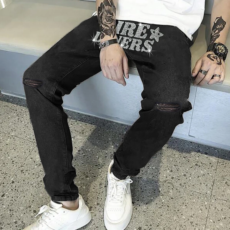 Mens Clothing Black Stretchy Ripped Y2k Jeans Skinny Luxury Hot Drilling Punk Moto Bike Trousers Fashion Man Denim Pencil Pants