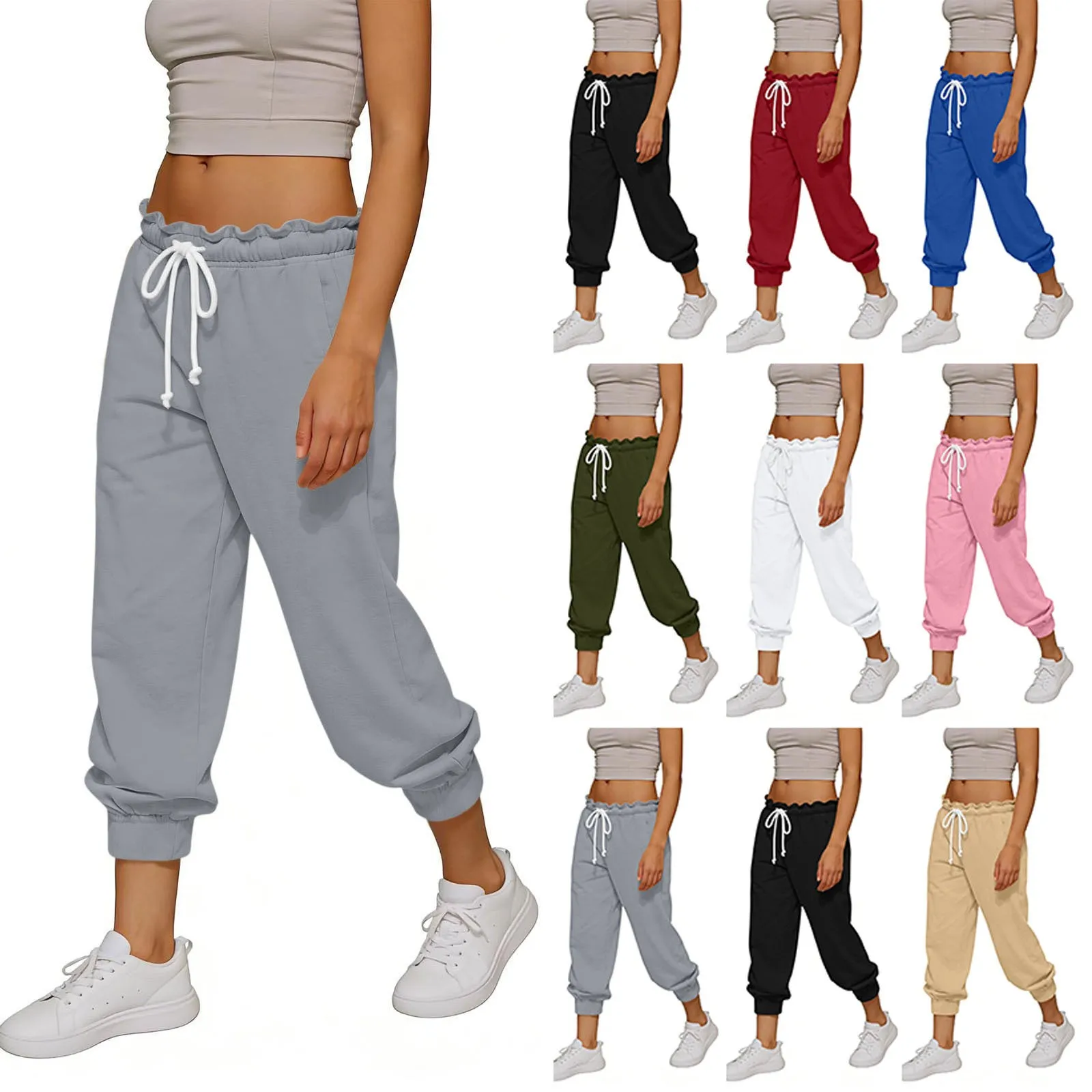 Women High Waist Pants Drawstring Loose Fit Cropped Wide Leg Sweatpants Pink Ruffle Waistband Joggers Black Cuffed Solid Color
