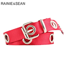 RAINIE SEAN Women Long Belt Red Pin Buckle Ladies Belt High Fashion Female Canvas Belt Strap 120cm 140cm Ceinture