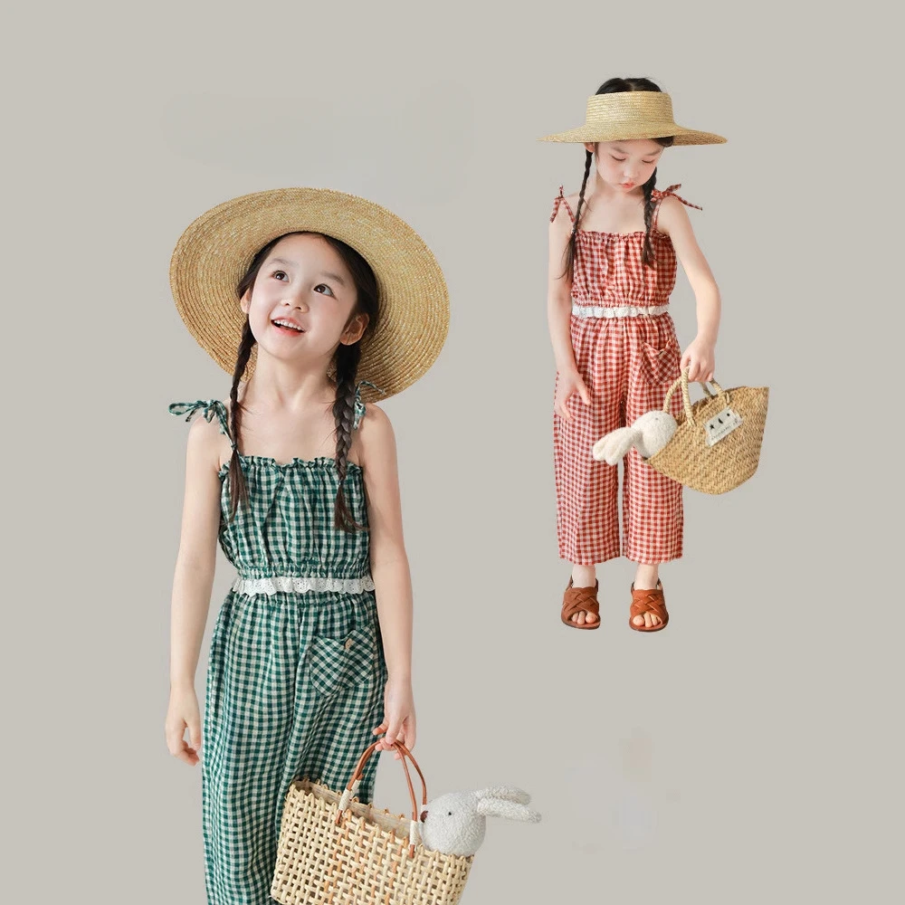 

Grid Set Summer New Korean Fashionable Cute Casual Lace Plaid Halter Tops Pants Two-piece Set Kids Clothes Girls