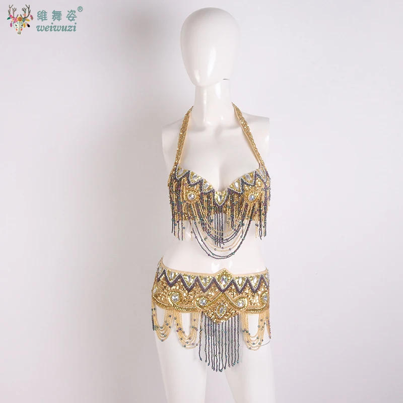 Sexy menina traje de dança do ventre usar frisado lantejoulas barra + cinto 2pc conjunto senhoras trajes de dança do ventre roupas