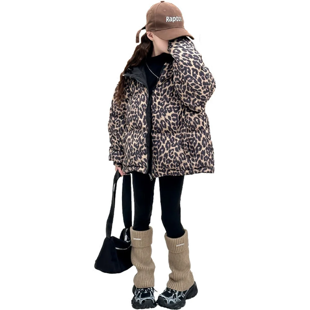 2379 Leopard Print Winter Children\'s Down Jacket Thickened Hooded Girls\' Outdoor Cotton Jacket Thousand Bird Grid Cotton Coat