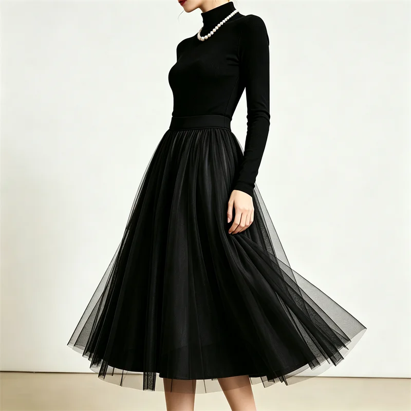 Damen Gothic Mehrschichtiger Tüll-Midirock mit Hoher Taille, A-Linie Mesh-Swingrock, Vintage Schwarz-Roter Tüllrock für Abendpartys – Detail 3