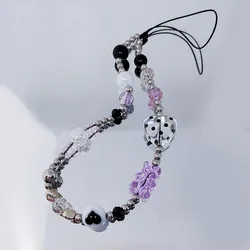 Purple Bear Mobile Y2k Phone Charm Strap Chain Lanyard Clear Black Glass Heart Beads Jewelry Women Girl Cute Keychain Pendant