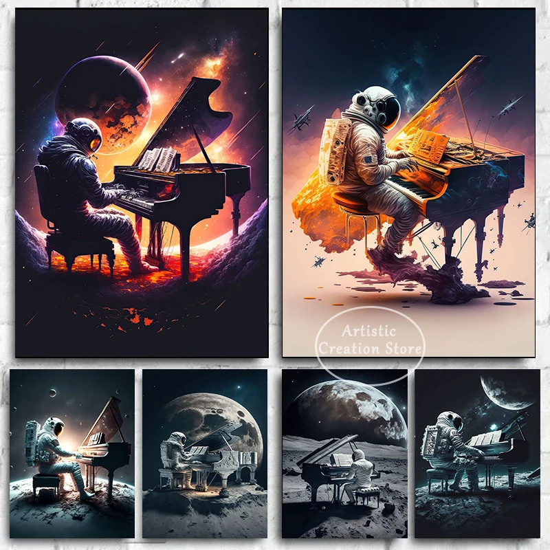 Astronaut Playing Piano Posters Astronaut Space Canvas Painting Prints Pictures Living Room Bedroom Wall Art Home Decor Gifts