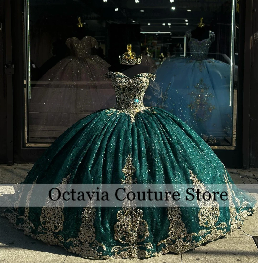 Emerald Green Off The Shoulder Quinceanera Dress Ball Gown Bead Appliques 2024 Birthday Luxury Dress Bow Princess Gown Sweet 16