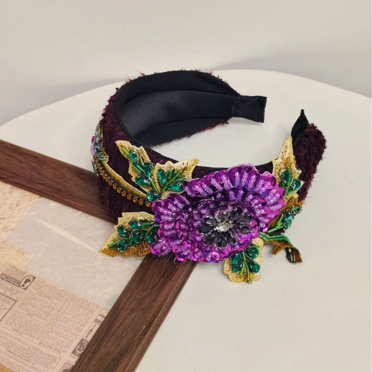 New product heavy industry hand-sewn national style headband retro light luxury high-end sense diamond-encrusted headband wide e