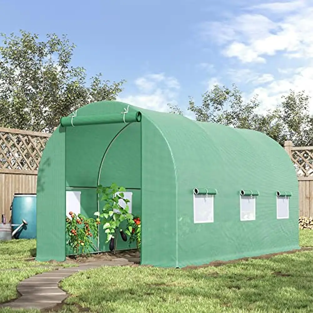 Greenhouse Tunnel Walk-in PE Cover Steel Frame Roll-Up Door Windows Plant Growing House 15'x6'x7' Garden Patio