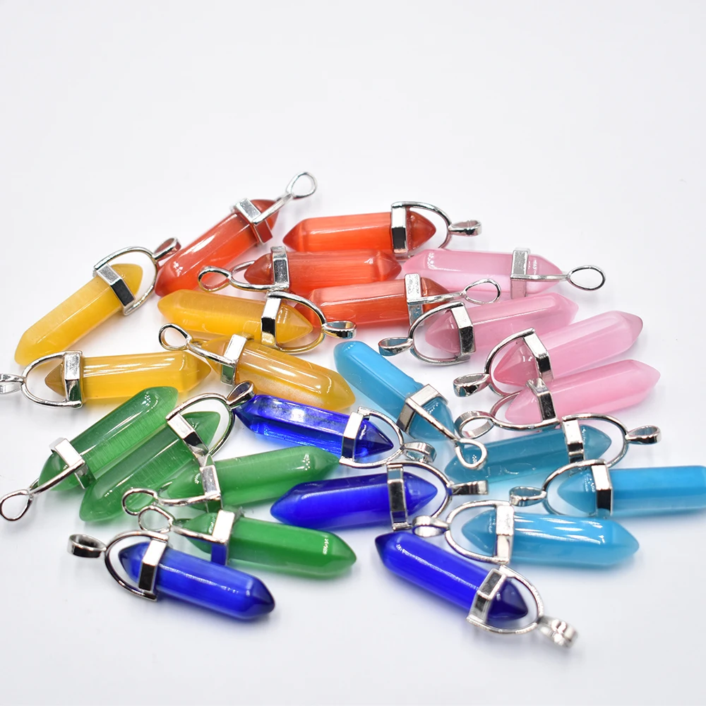 Großhandel 24 Stück/Set Modische, hochwertige Katzenaugen-Stein-Mix-Säulenanhänger, Chakra-Anhänger für die Schmuckherstellung, kostenloser Versand – Detail 2