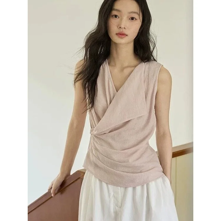 Sweet Soft Beige Linen-blend Sleeveless Wrap Top V-neck Asymmetrical Ruched Waist Casual Blouse For Women Commuted Dated Outfits