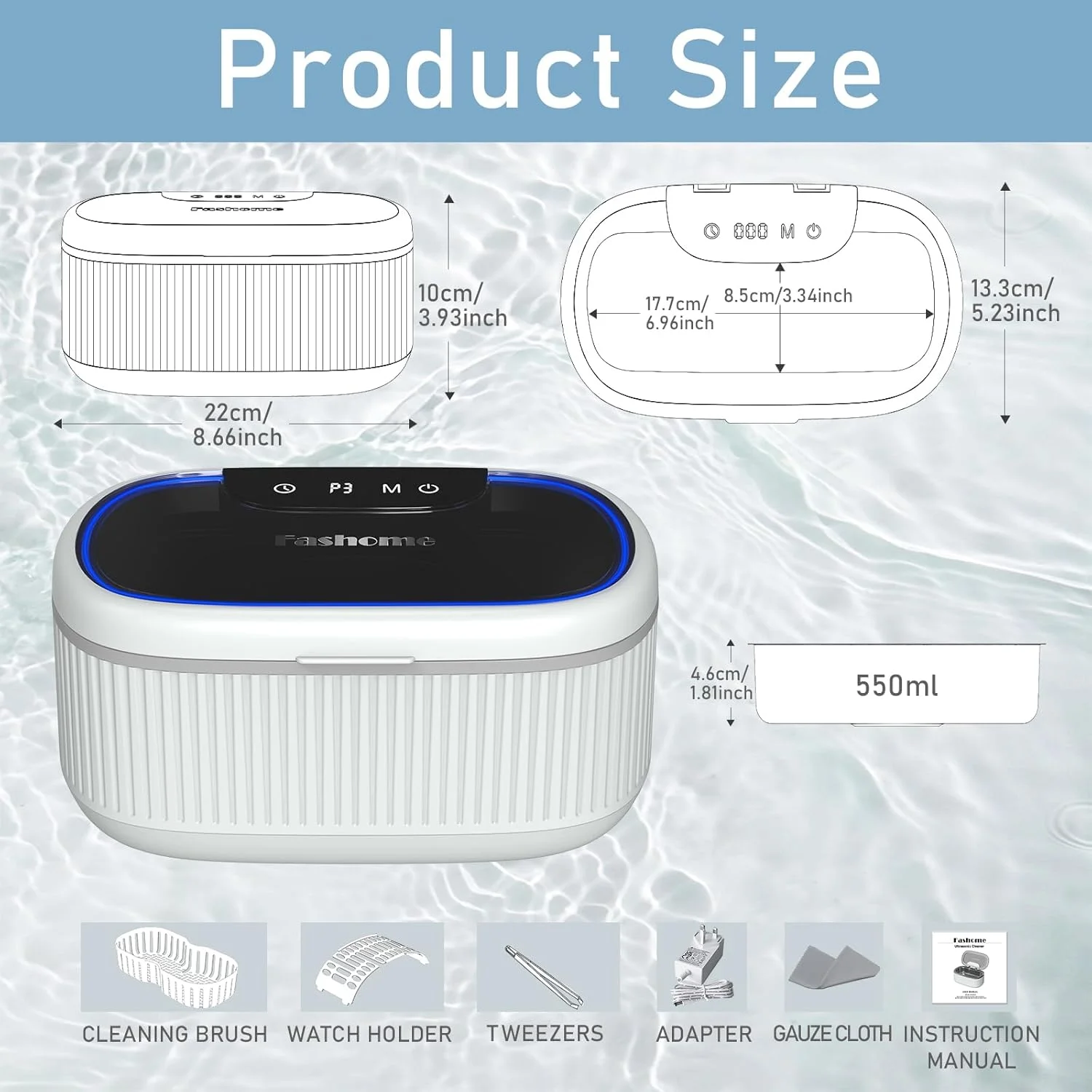 Professional Ultrasonic Cleaner 550ML Sonic Jewelry Cleaner 45KHZ Pulsating Cleaning Kit for Glasses Ring Silver Dentures