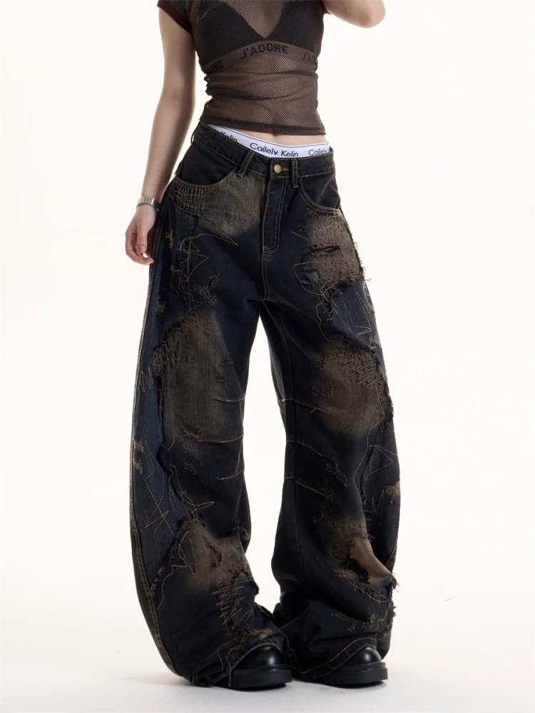 American High Street Style Black Tie Dye Hole Denim Pants Casual Loose Slimming Wide Leg Jeans for Men And Women