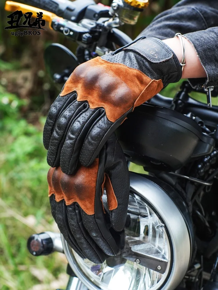 Uglybros Retro Genuine Goat Leather Motorcycle Gloves Touch Moto Gloves Unisex Breathable Windproof Spring Autumn 3 color