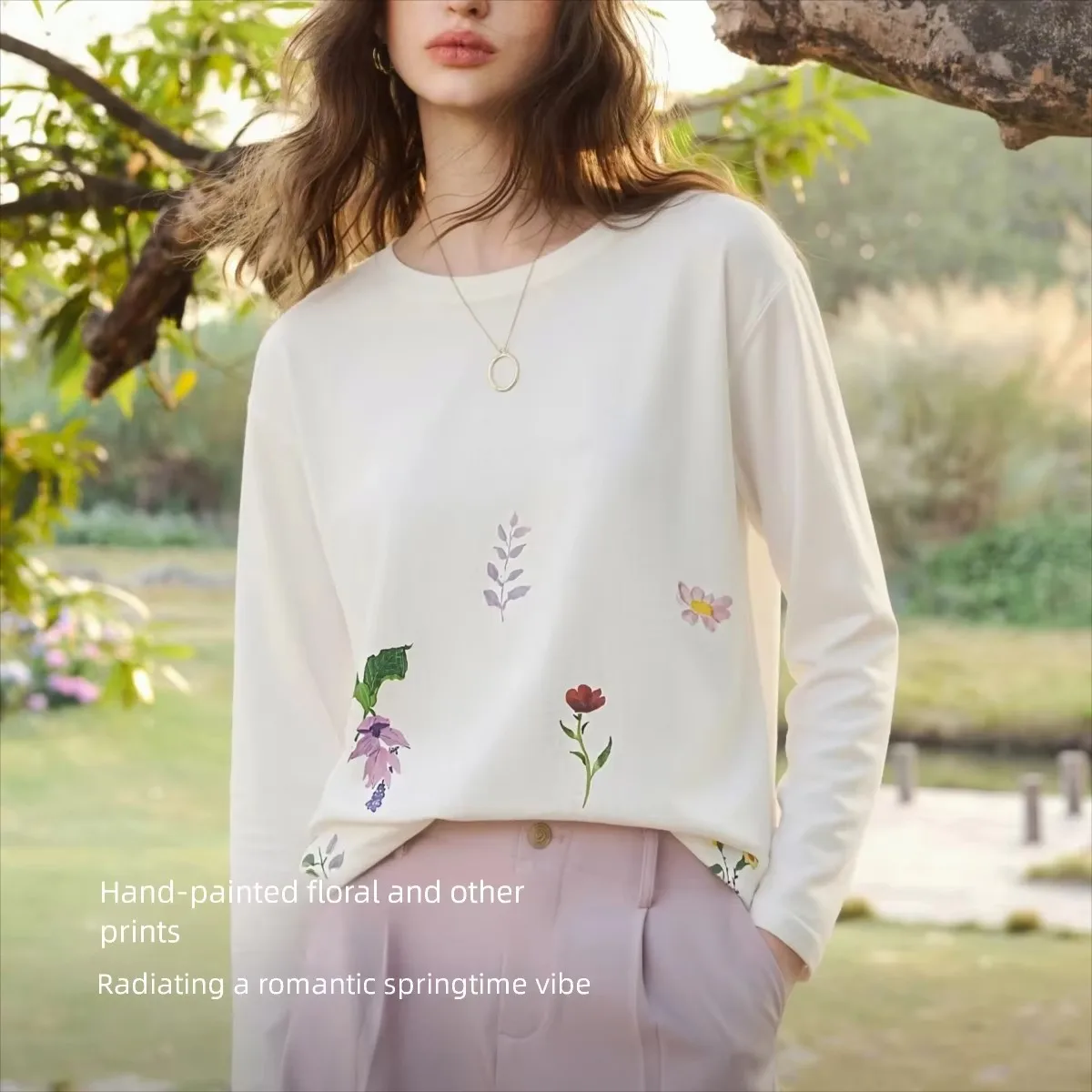 OLrain Women Casual White Long Sleeve Top Spring 2026 New Watercolor Floral Print Soft Loose Minimalist Blouse O58CT001869