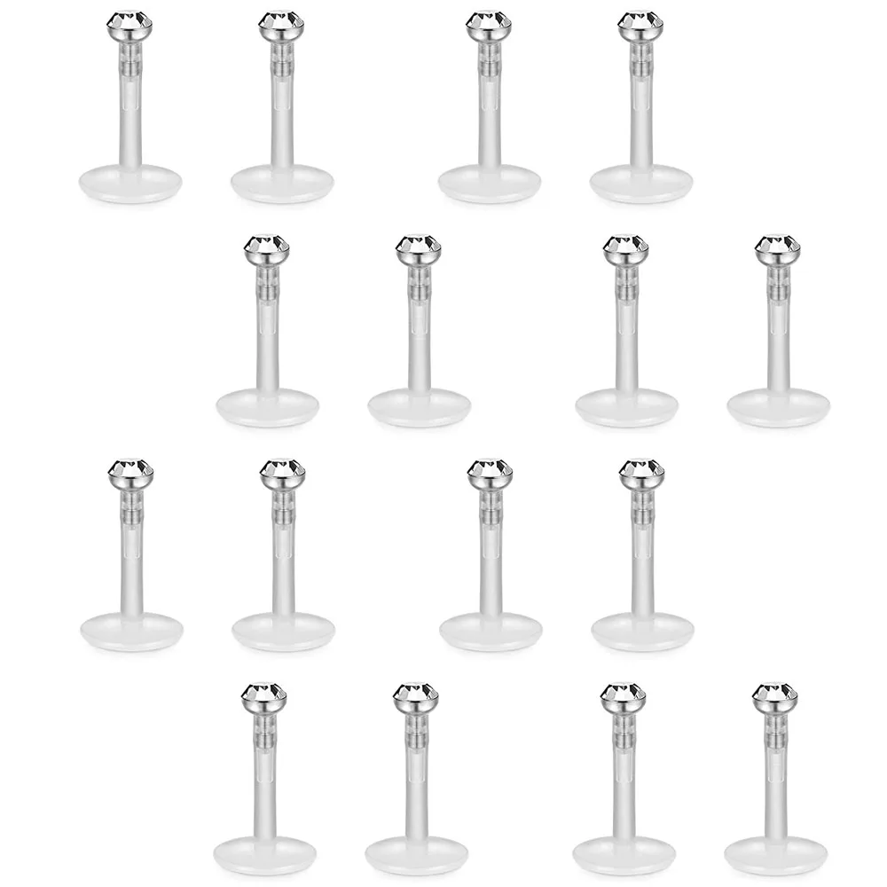 WKOUD 16 Pcs 16G Clear Bioflex 2MM CZ Labret Monroe Lip Ring Helix Stud Earrings Body Jewelry Piercing